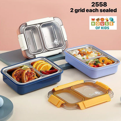 HOK 2 Compartment Stainless Steel Leakproof Bento Lunch Box With Steel Spoon