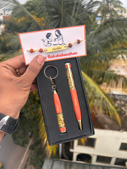 HOK Personalized Rakhi Combo- Cubic Pen, Keychain & Rudraksh Rakhi