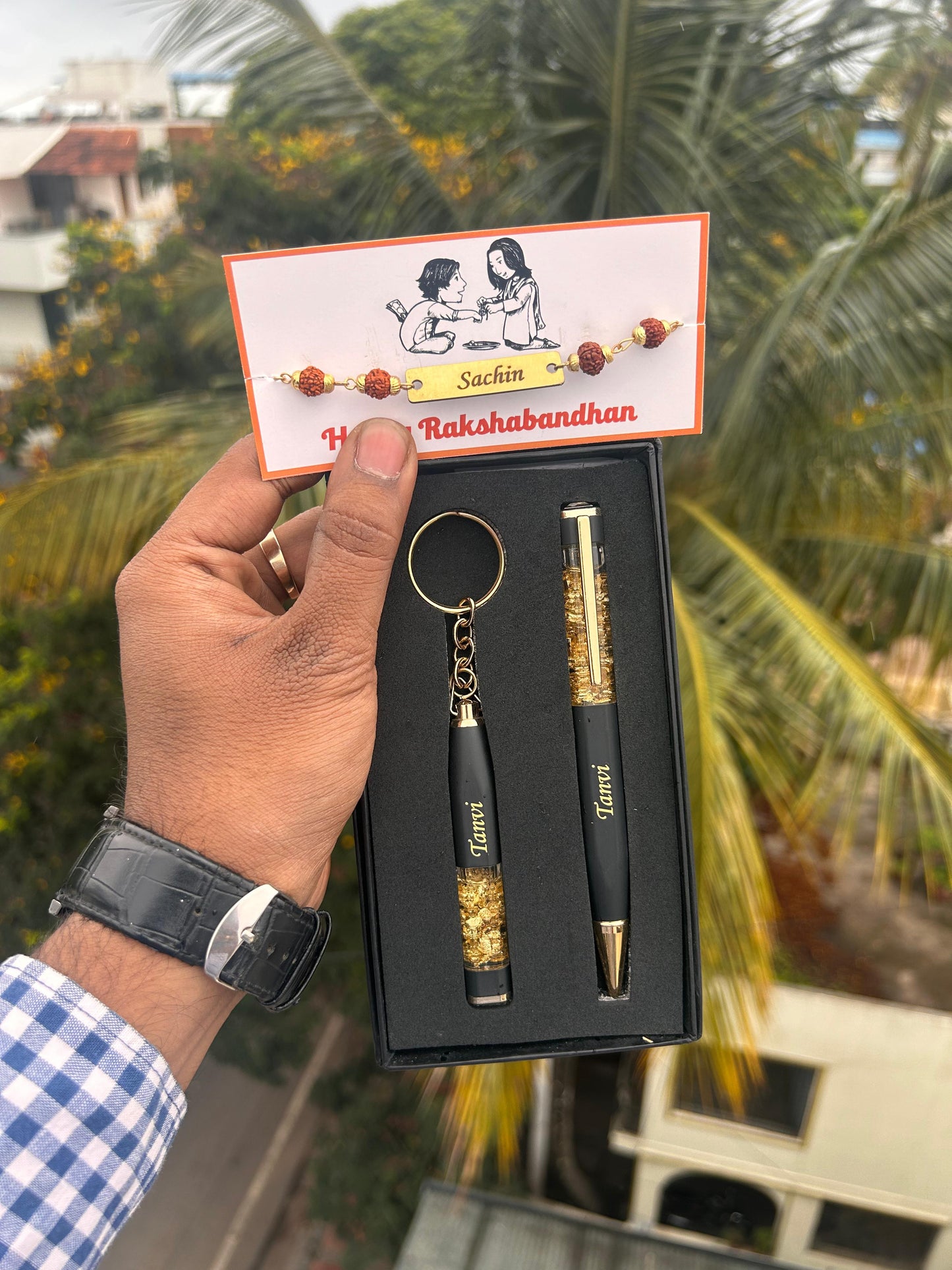 HOK Personalized Rakhi Combo- Cubic Pen, Keychain & Rudraksh Rakhi