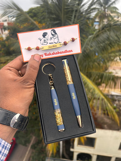 HOK Personalized Rakhi Combo- Cubic Pen, Keychain & Rudraksh Rakhi