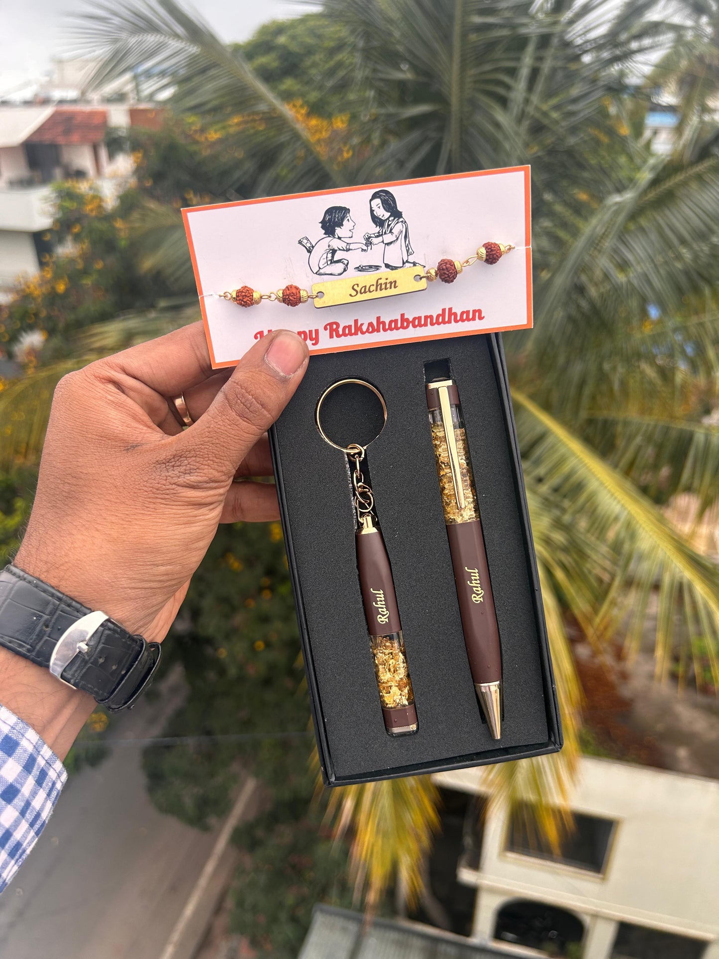 HOK Personalized Rakhi Combo- Cubic Pen, Keychain & Rudraksh Rakhi