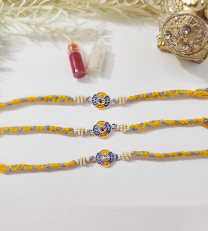 HOK Yellow-Grey Flower Moti Work Rakhi