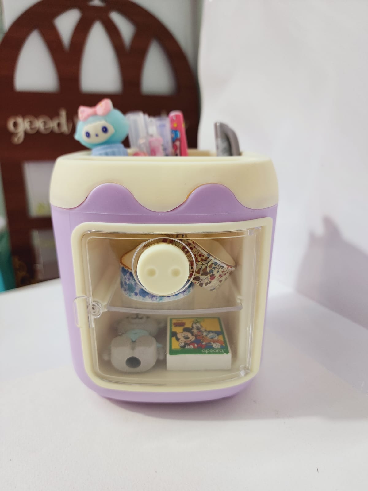 HOK Kawaii Pen Stand with Mini Cupboard and DIY Sticker Sheet