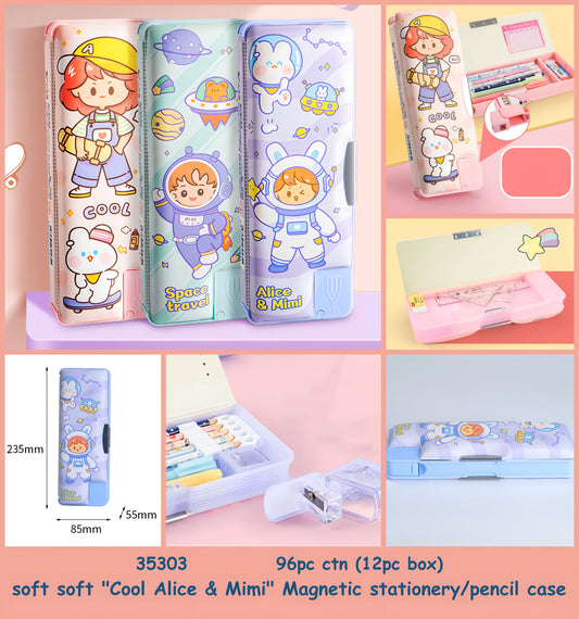 HOK Magnetic Pencil Box for Kids – Alice & Mimi Stationery Organizer with Compartments & Built-in Sharpener