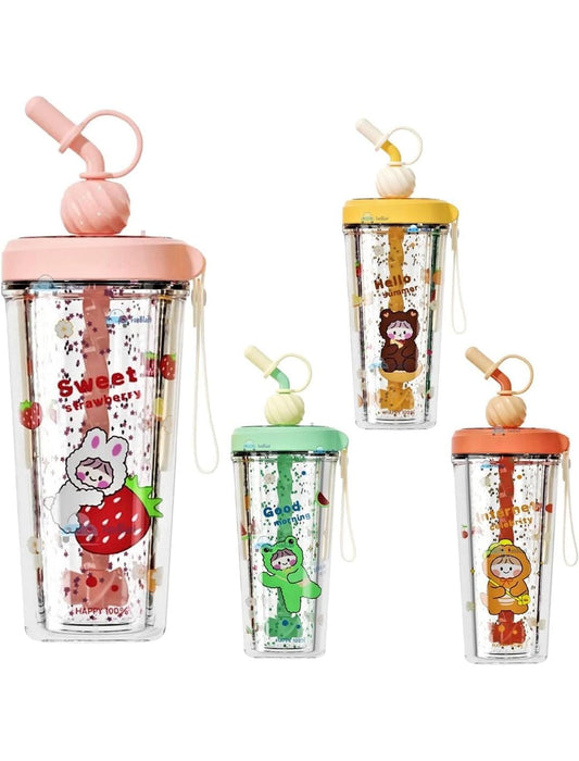 HOK Cute Cartoon Theme Glitter Tumbler with Straw