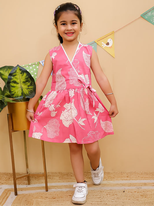 HOK Stylish Girls Sleeveless Floral Wrap-Look Dress with contrast Lace Piping