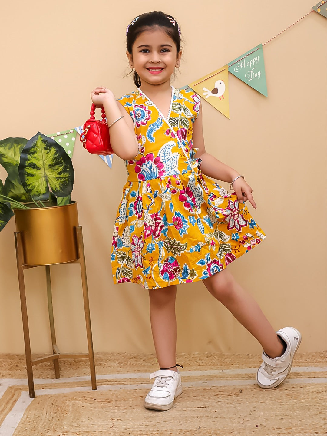 HOK Stylish Girls Sleeveless Floral Wrap-Look Dress with contrast Lace Piping