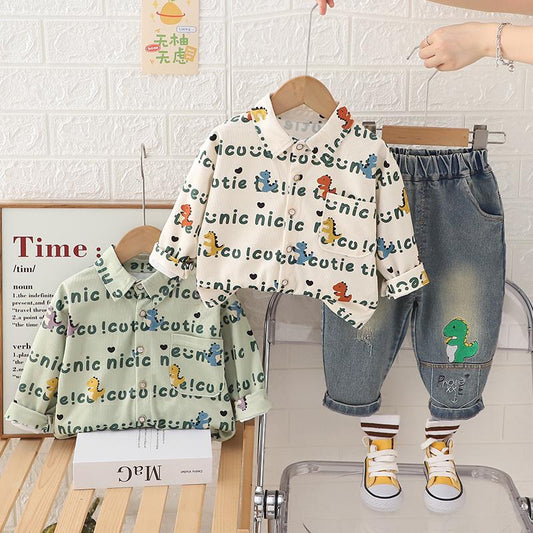 HOK Kids Dino Print Shirt & Denim Jeans Set- Green