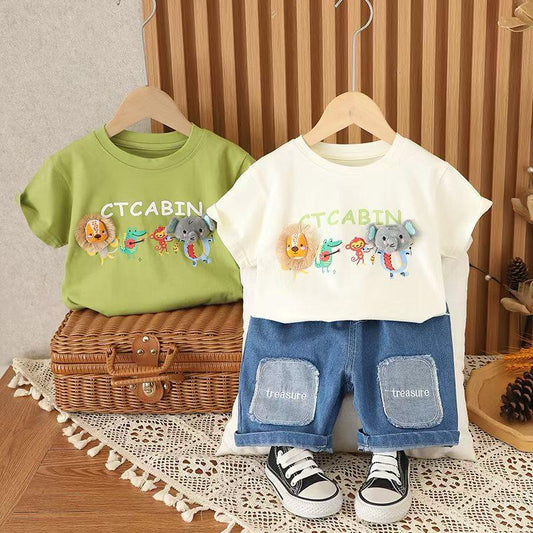 HOK Kids Cartoon Animal T-shirt & Denim Shorts Set
