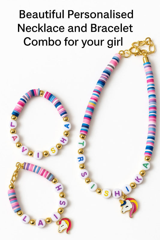 HOK Personalised Name Necklace and Bracelet Combo with Unicorn Charm
