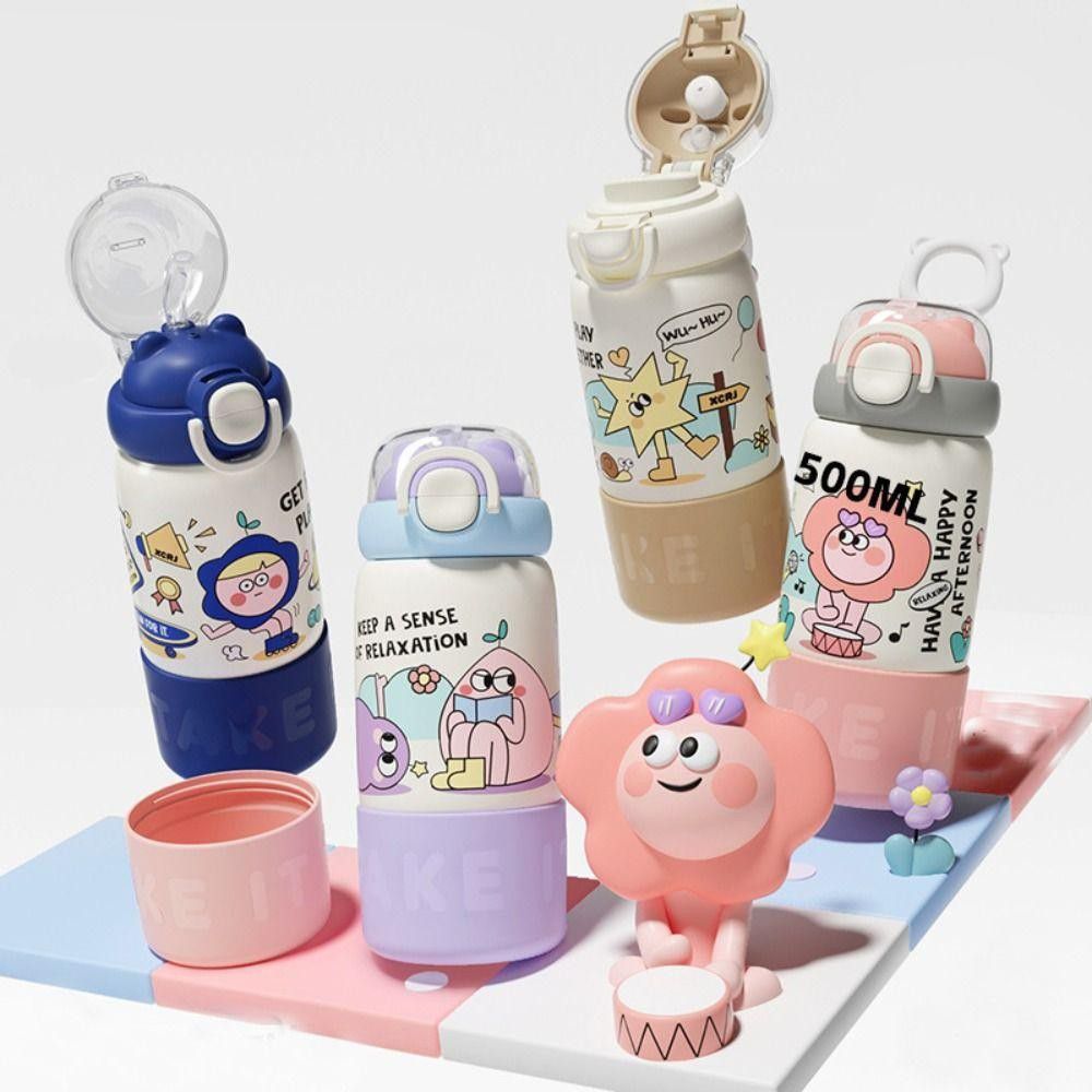 HOK 500ml Cute Cartoon Water Bottle with Dual Drinking Option | Straw & Direct Sip