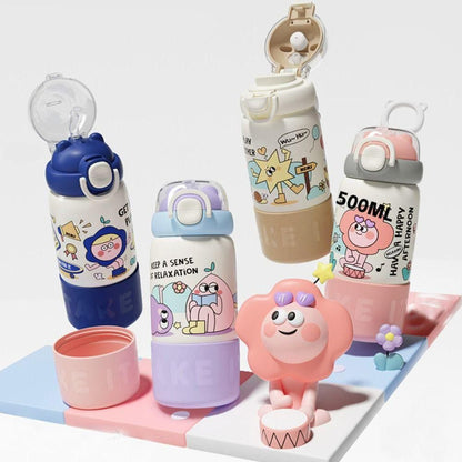 HOK 500ml Cute Cartoon Water Bottle with Dual Drinking Option | Straw & Direct Sip