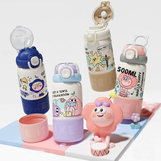 HOK 500ml Cute Cartoon Water Bottle with Dual Drinking Option | Straw & Direct Sip