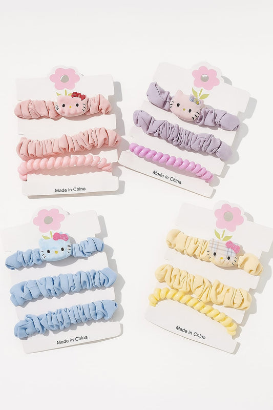 HOK Cute Kitty Hair Band set- Colorful Elastic Scrunchie (Pack of 3)