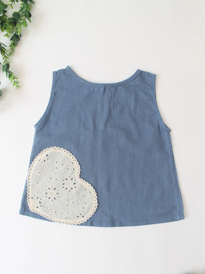 HOK Girls Cotton Cord Set- Sleeveless Top & Pants with Lace Heart & Bow Detail
