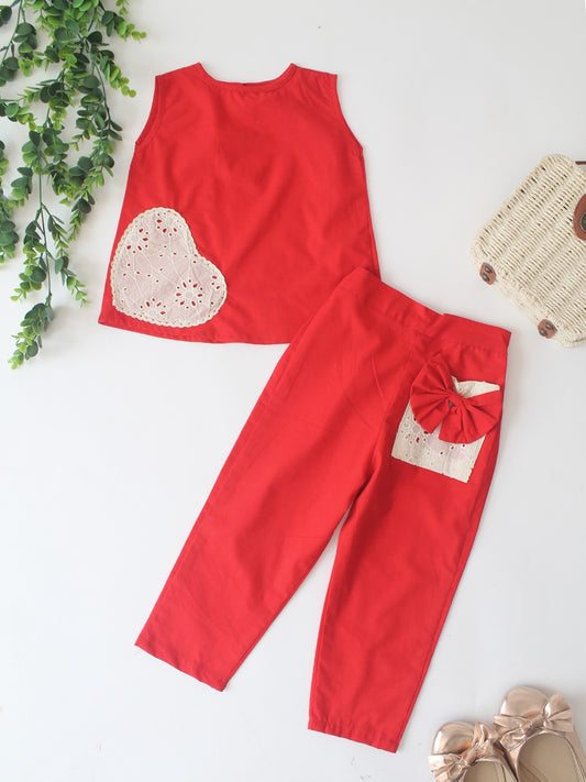 HOK Girls Cotton Cord Set- Sleeveless Top & Pants with Lace Heart & Bow Detail