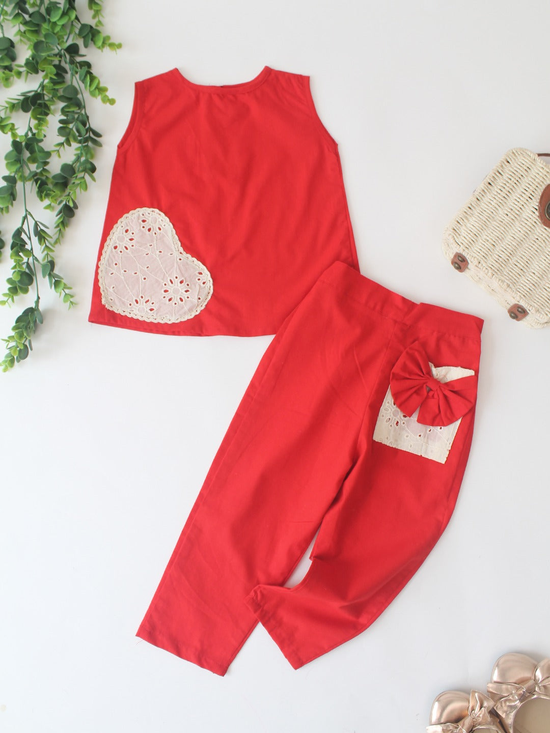 HOK Girls Cotton Cord Set- Sleeveless Top & Pants with Lace Heart & Bow Detail