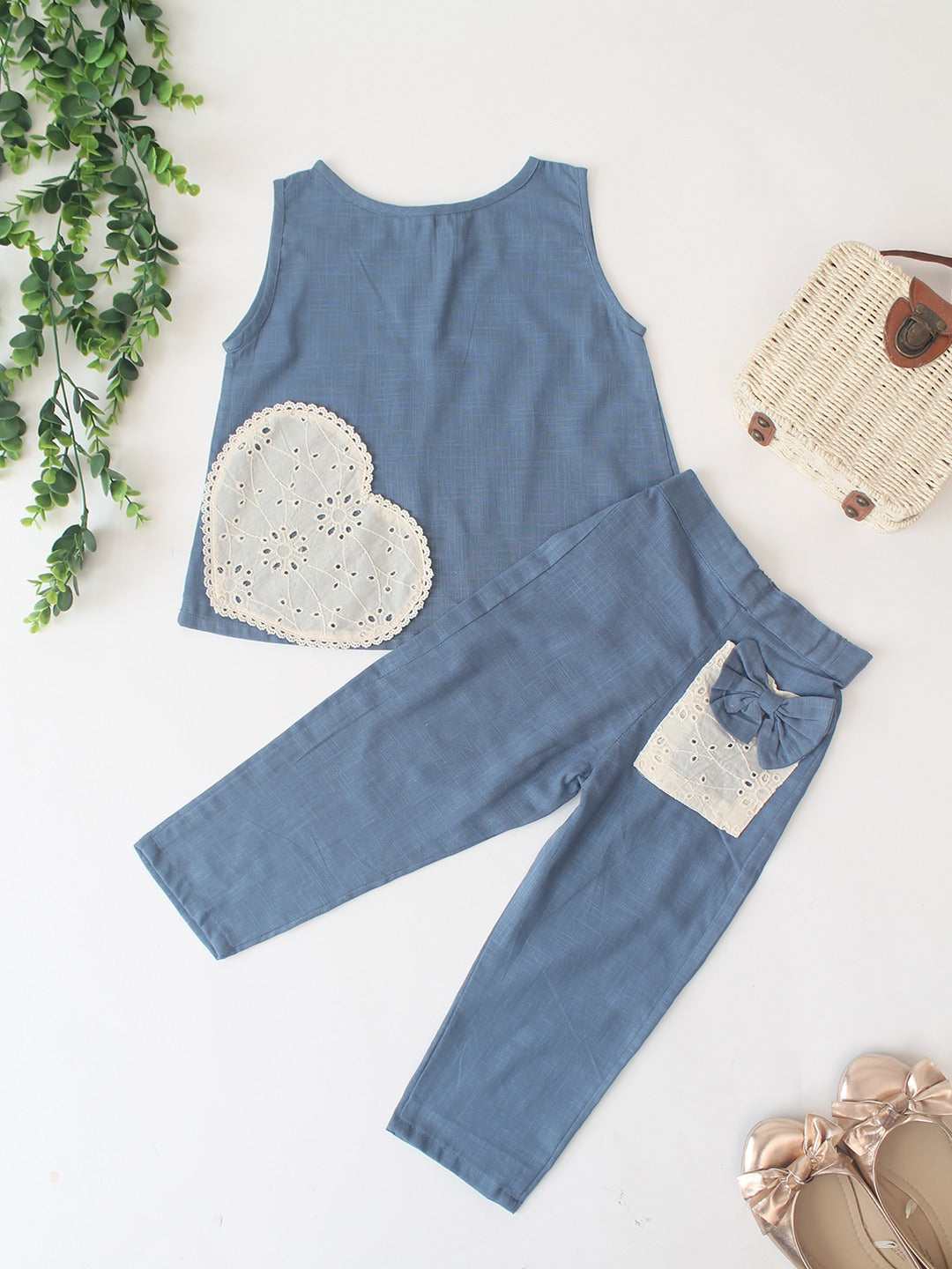 HOK Girls Cotton Cord Set- Sleeveless Top & Pants with Lace Heart & Bow Detail