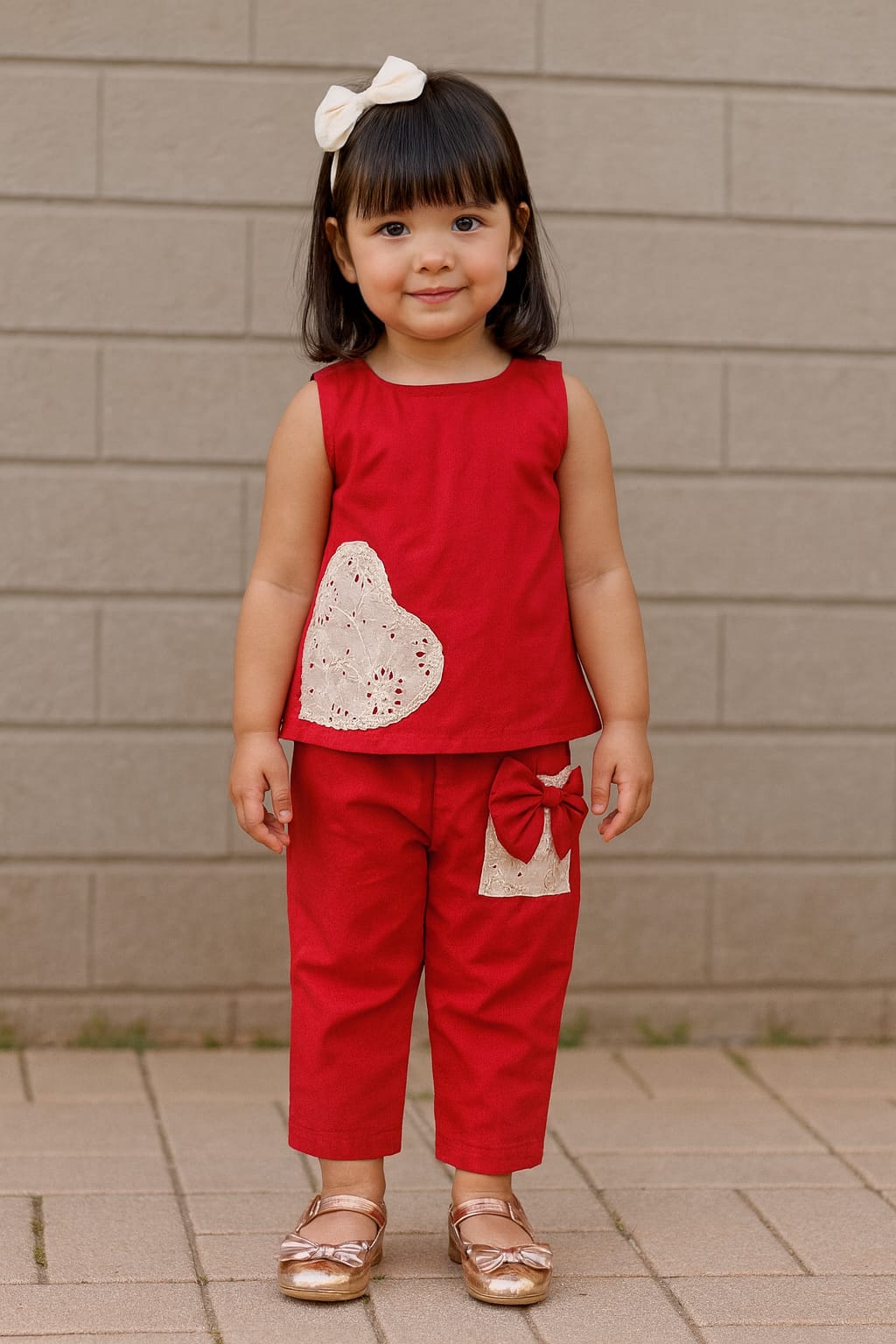 HOK Girls Cotton Cord Set- Sleeveless Top & Pants with Lace Heart & Bow Detail