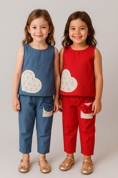 HOK Girls Cotton Cord Set- Sleeveless Top & Pants with Lace Heart & Bow Detail