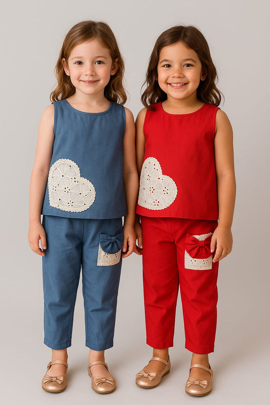 HOK Girls Cotton Cord Set- Sleeveless Top & Pants with Lace Heart & Bow Detail
