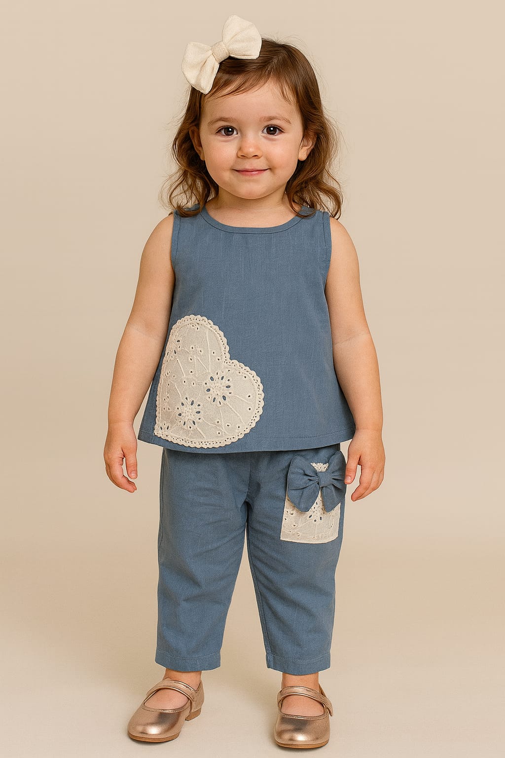 HOK Girls Cotton Cord Set- Sleeveless Top & Pants with Lace Heart & Bow Detail
