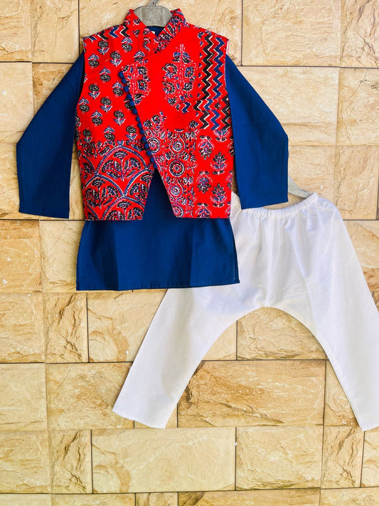 HOK Boys Red & Blue Kurta Pajama & Jacket Set