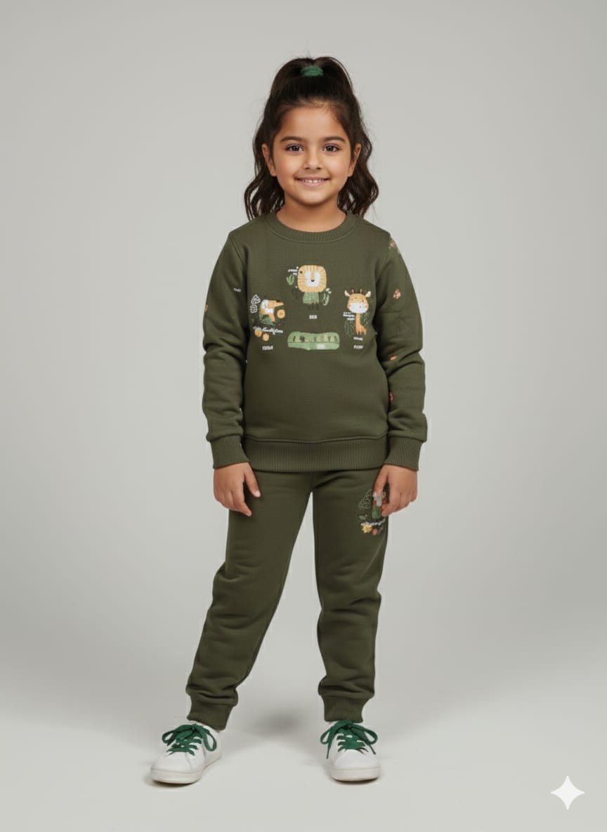 HOK Cute Jungle-Themed Green Sweatshirt & Pant Set for Kids