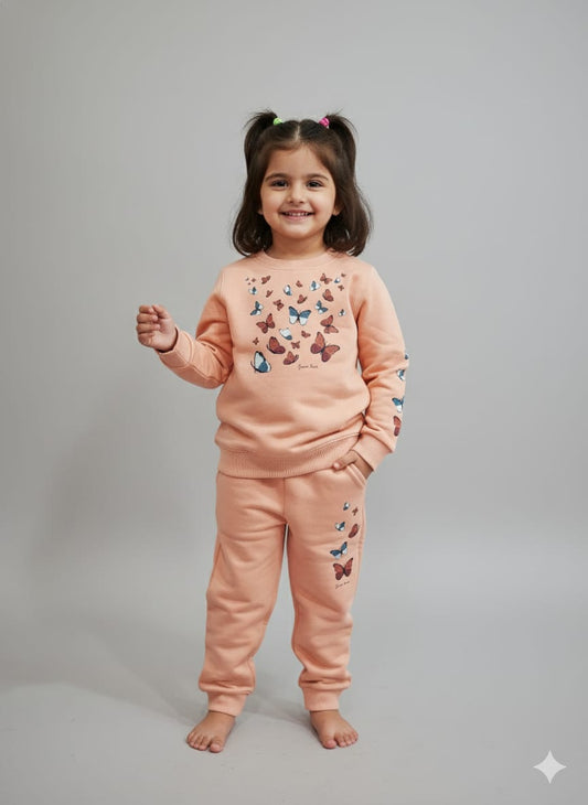 HOK Cute Butterfly Themed Peach Sweatshirt & Pant Set for Kids