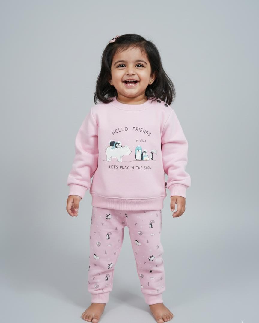 HOK Adorable Penguin Print Pink Sweatshirt & Jogger Set for Babies