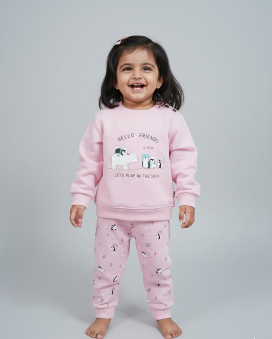 HOK Adorable Penguin Print Pink Sweatshirt & Jogger Set for Babies