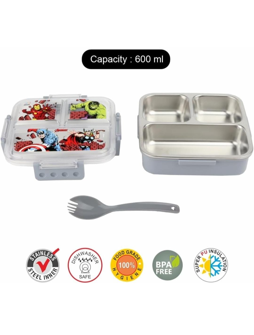 HOK Insulated Brunch 3 Compartment Stainless Steel Lunch Box- 600ml