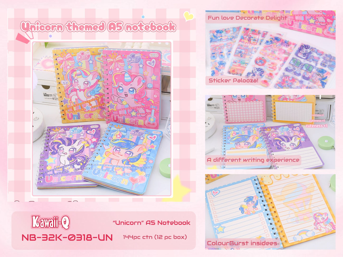 HOK Unicorn Theme A5 Spiral Notebook with Stickers- Cute & Colorful