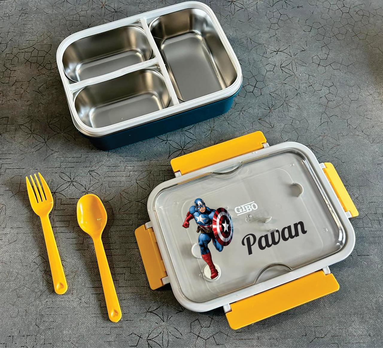 3 Grid Personalised Lunch Box with name and a cartoon character