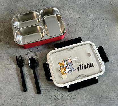 3 Grid Personalised Lunch Box with name and a cartoon character