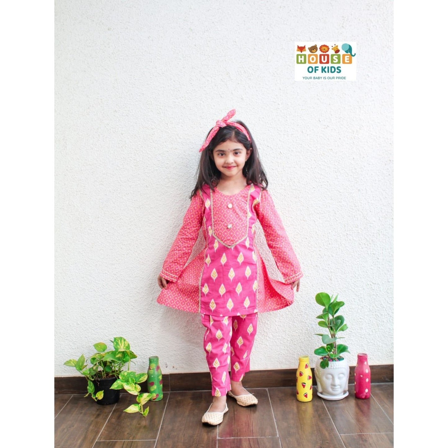 Girls Kurti Pant Set with Matching Hairband