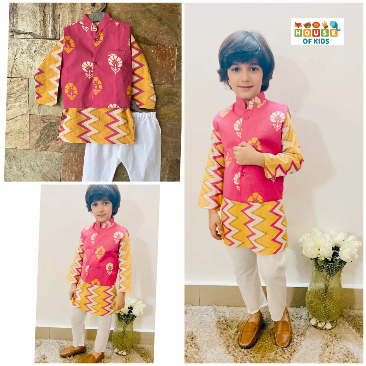 Boys Zig-Zag Kurta Pajama with Floral Jacket Set