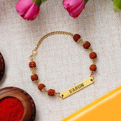 HOK Personalized Rudraksh Metal Patti Rakhi