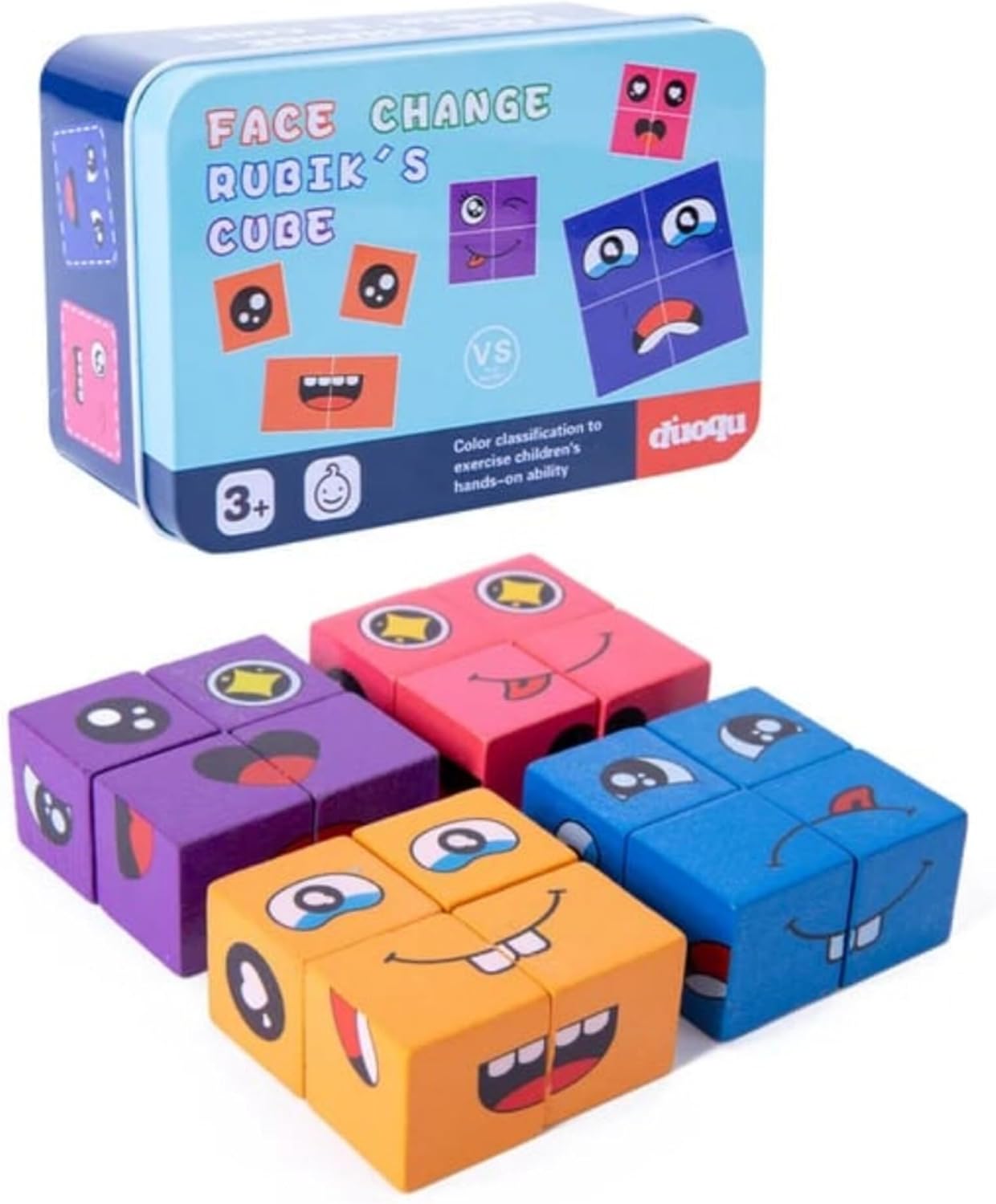 Wooden Face Change Rubik Cube Game - Expressions matching block puzzle - Logical, Educational Toys - 16 Face Blocks & 72 Playing Cards - Birthday Gift for Kids Boys Girls