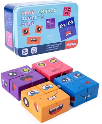 Wooden Face Change Rubik Cube Game - Expressions matching block puzzle - Logical, Educational Toys - 16 Face Blocks & 72 Playing Cards - Birthday Gift for Kids Boys Girls