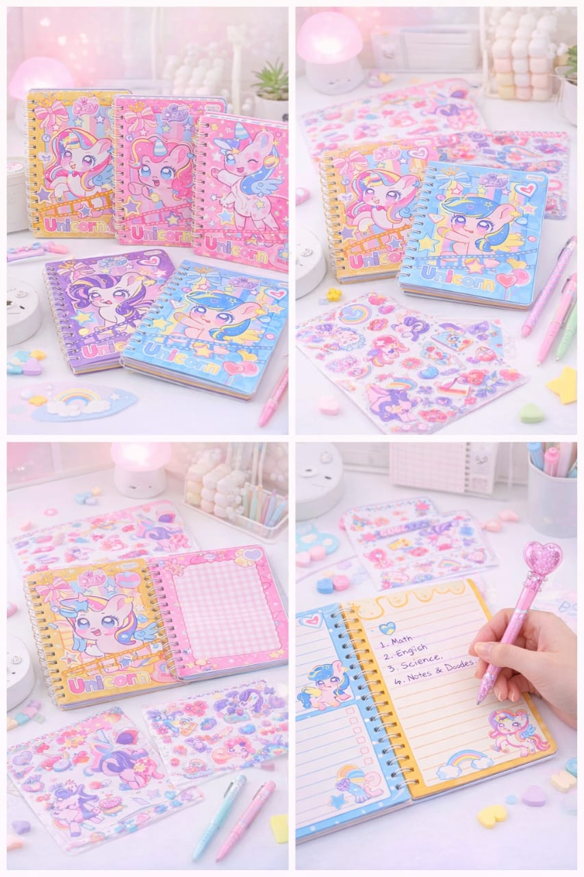 HOK Unicorn Theme A5 Spiral Notebook with Stickers- Cute & Colorful