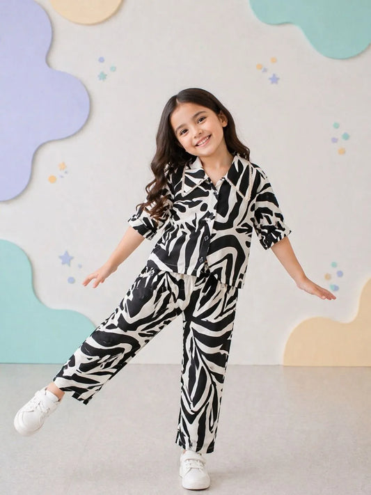 Girls Black and White Abstract Print Shirt & Pant Co-Ord Set Front View