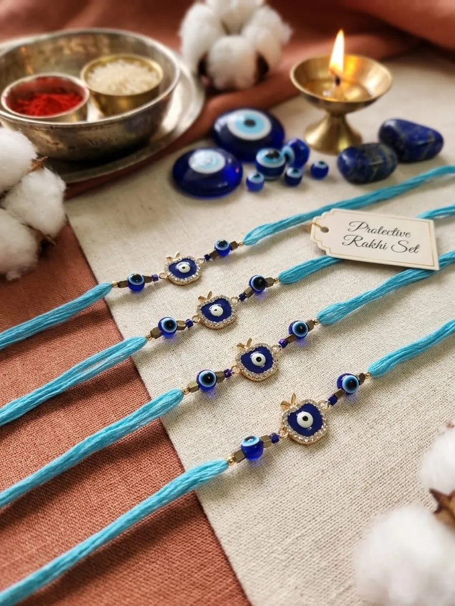 Four blue thread Rakhi bracelets with blue and white evil eye beads and gold-tone metal details, arranged on a beige cloth with cotton bolls, blue stones, a brass oil lamp, and a small tag reading 'Protective Rakhi Set'.
