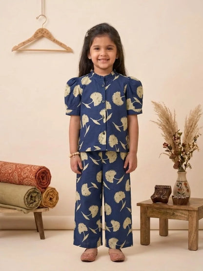 Girls blue printed co-ord set front view puff sleeve cotton outfit