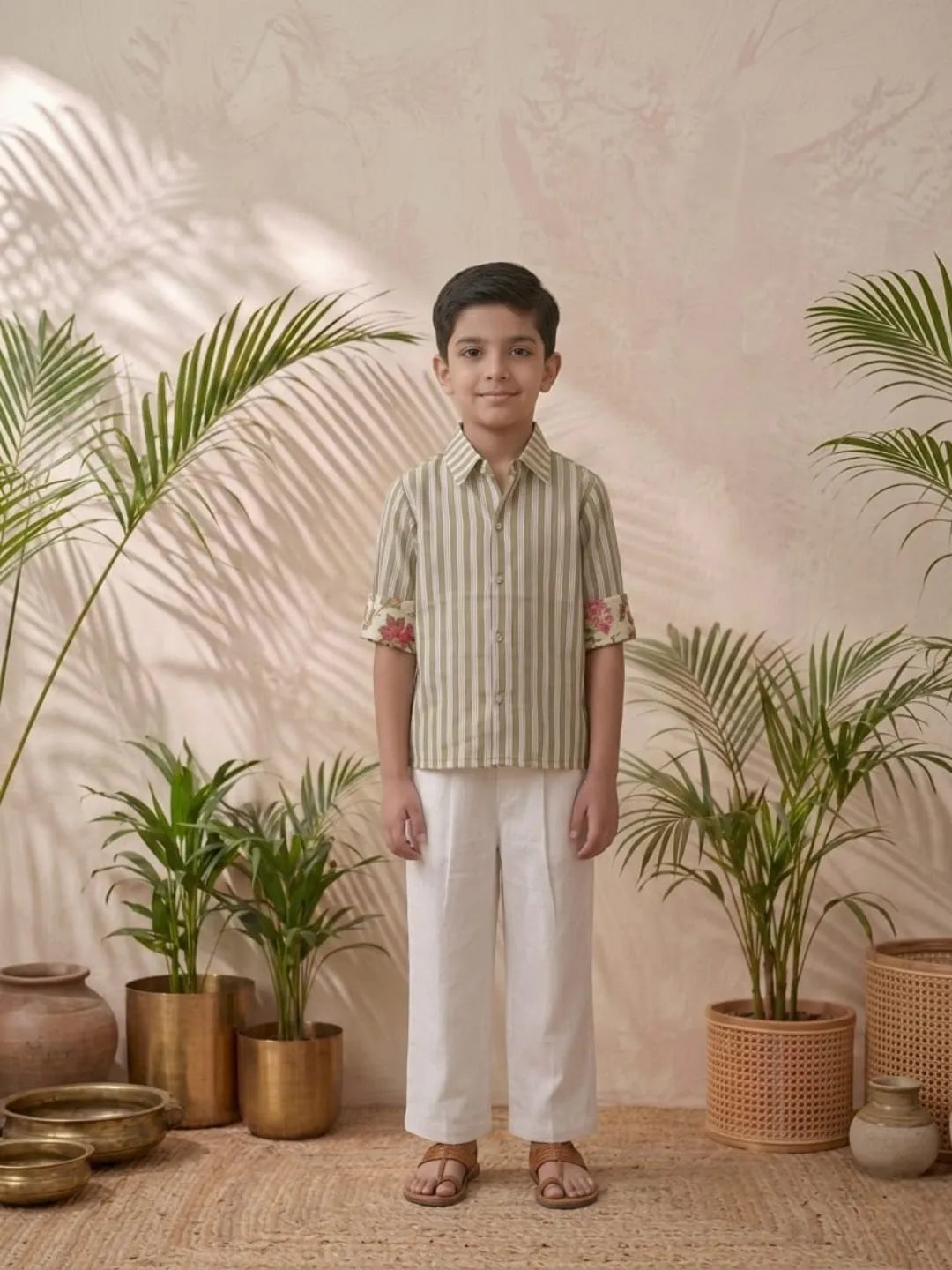 Boys olive striped cotton shirt with white trouser co-ord set front view
