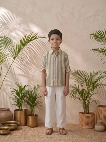 Boys olive striped cotton shirt with white trouser co-ord set front view