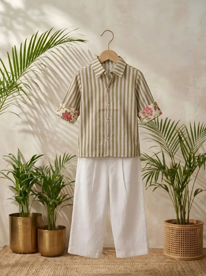 Kids olive stripe shirt and white pants outfit front angle