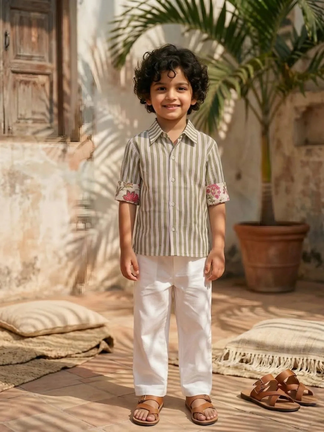 Boys olive striped cotton shirt with white trousers summer outfit