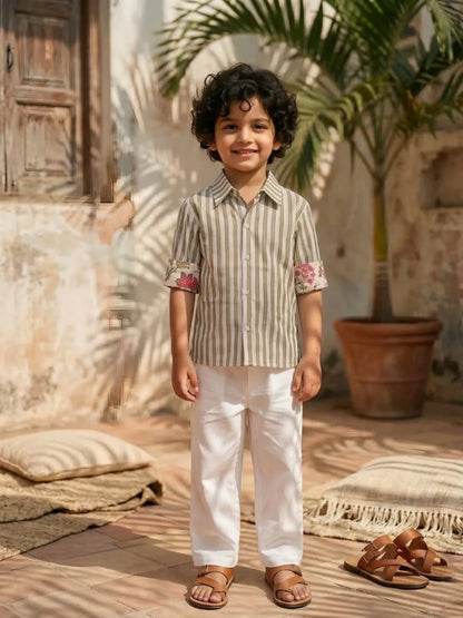 Boys olive striped cotton shirt with white trousers summer outfit