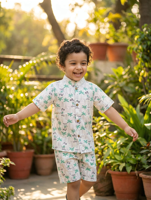 Boys cotton co ord set Coastal Cruiser cream front view